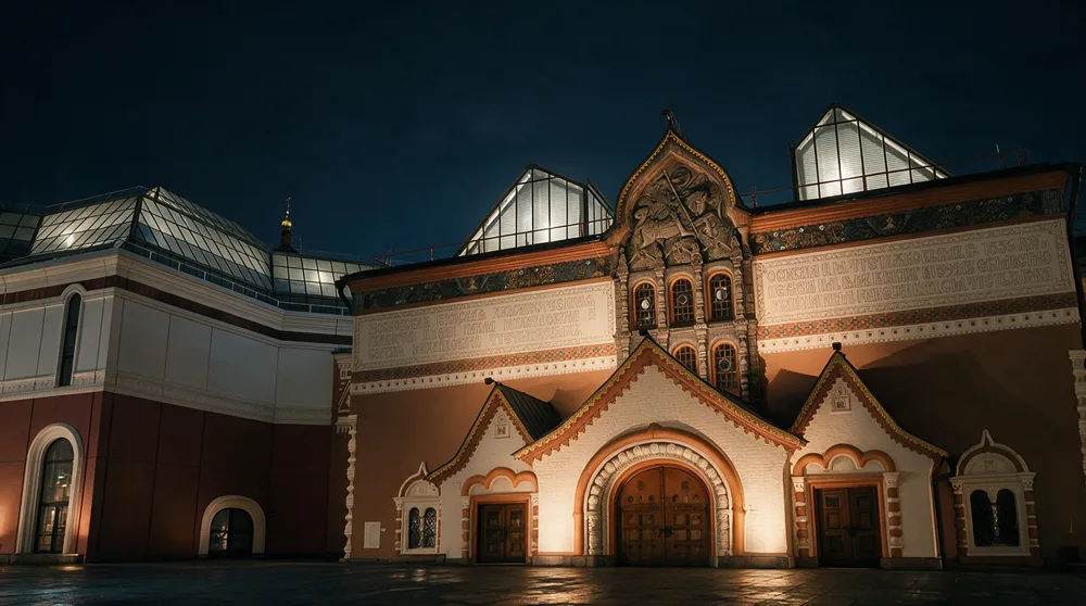 Главный фасад Третьяковской галереи ночью